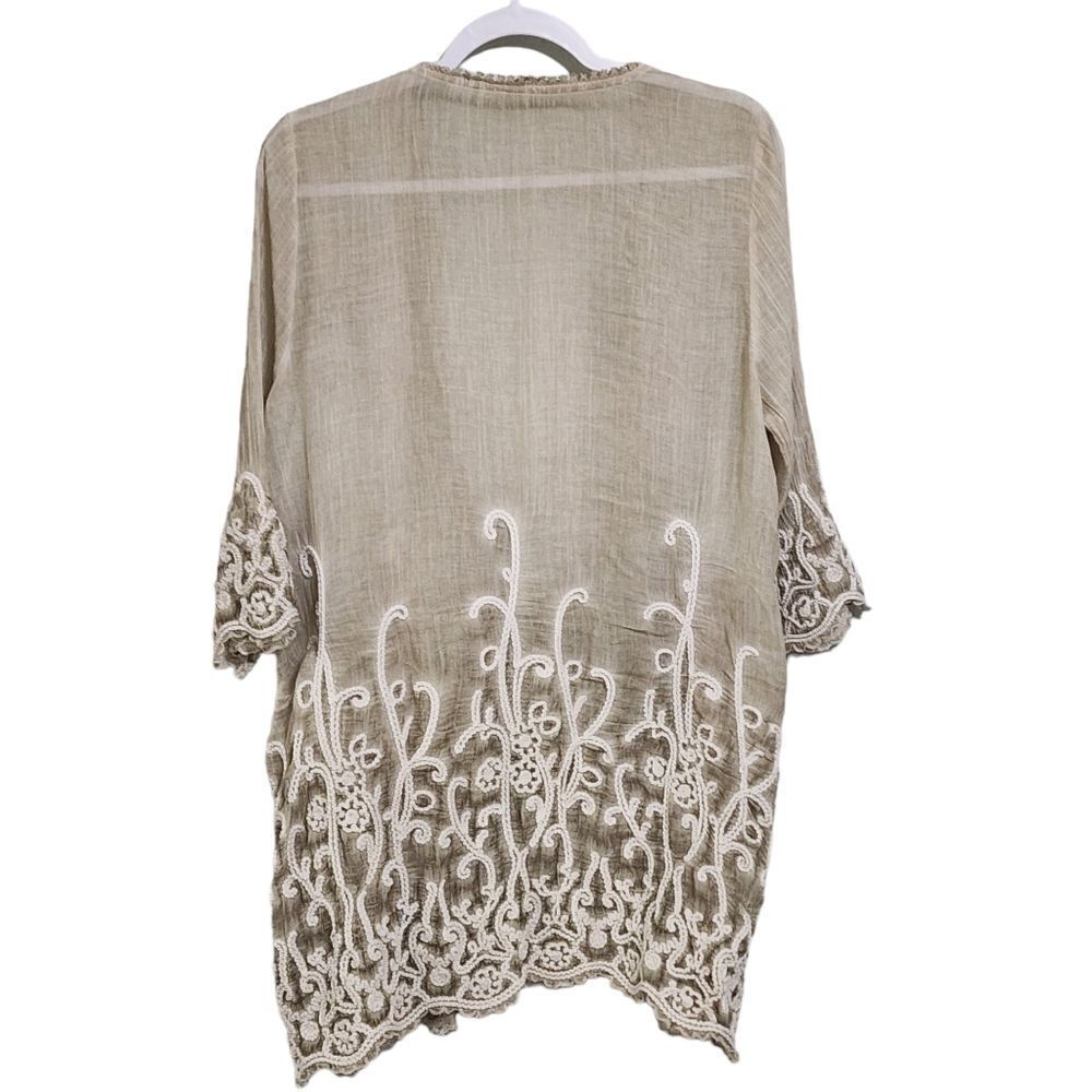 Soft Surroundings kimono green & cream gauze 100% cotton beachy mature M - Picture 2 of 8